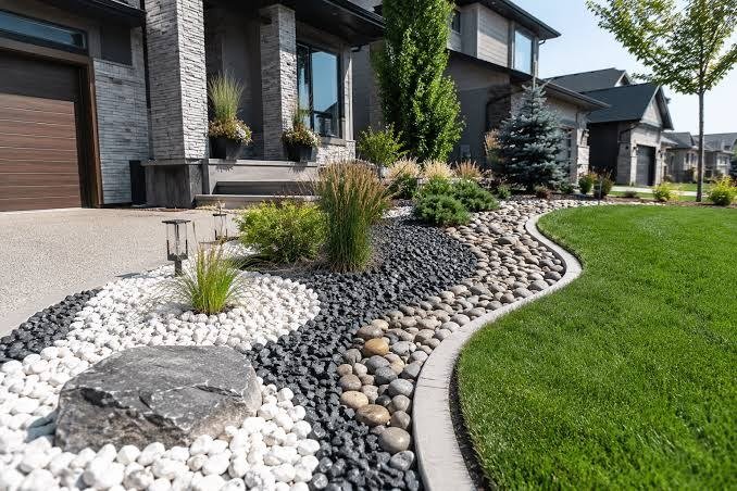 Front yard with curved river rock and gravel beds beside a driveway