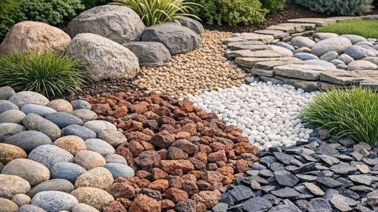 Garden bed showing different types and colours of decorative gravel and stone
