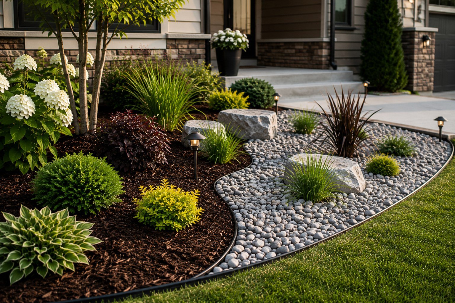 Curved pebble gravel garden bed with boulders and path lights in front of a house